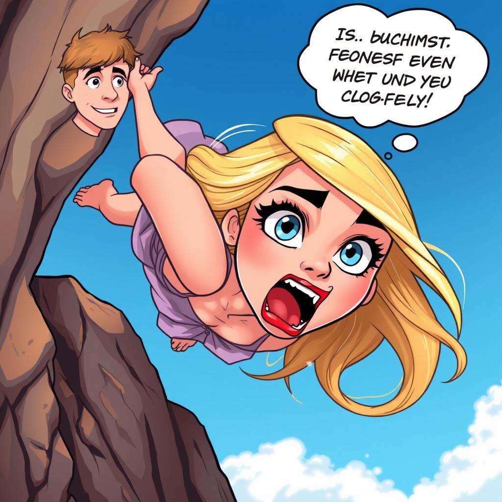 A beautiful blonde cartoon woman with striking blue eyes and vibrant red lips is depicted falling off a cliff, her expression filled with terror and surprise