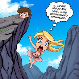 A beautiful blonde cartoon woman with striking blue eyes and vibrant red lips is depicted falling off a cliff, her expression filled with terror and surprise
