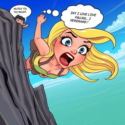 A beautiful blonde cartoon woman with striking blue eyes and vibrant red lips is depicted falling off a cliff, her expression filled with terror and surprise