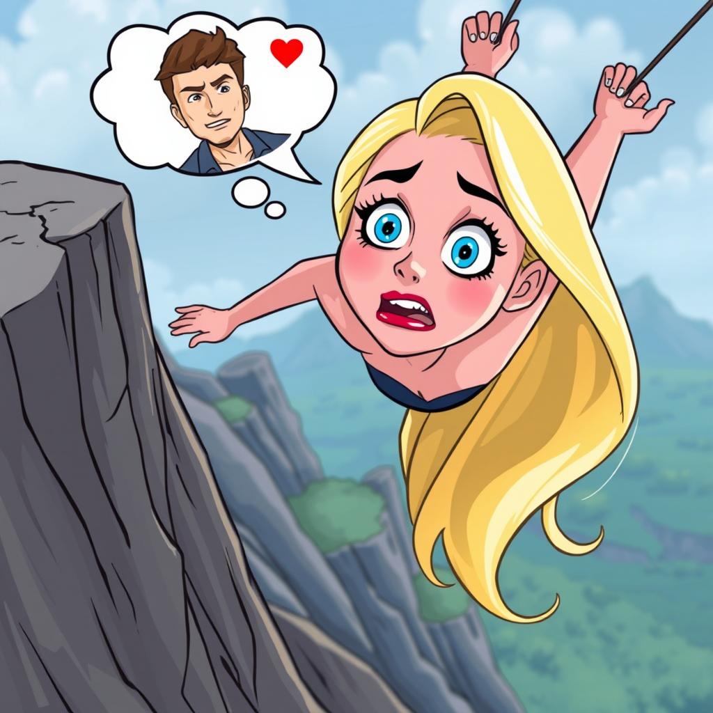 A beautiful blonde cartoon woman with striking blue eyes and vibrant red lips is depicted falling off a cliff, her expression a mix of fear and surprise