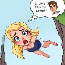 A beautiful blonde cartoon woman with striking blue eyes and vibrant red lips is depicted falling off a cliff, her expression a mix of fear and surprise
