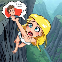 A beautiful blonde cartoon woman with striking blue eyes and vibrant red lips is depicted falling off a cliff, her expression a mix of fear and surprise