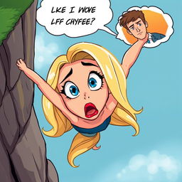 A beautiful blonde cartoon woman with striking blue eyes and vibrant red lips is depicted falling off a cliff, her expression a mix of fear and surprise