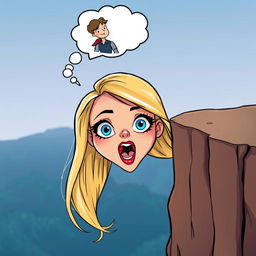 A cartoon-style illustration of a beautiful blonde woman with striking blue eyes and vibrant red lips, depicted with a terrified expression as she falls off a cliff