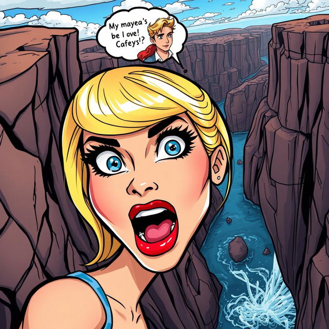 A cartoon-style illustration of a beautiful blonde woman with striking blue eyes and vibrant red lips, depicted with a terrified expression as she falls off a cliff