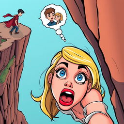A cartoon-style illustration of a beautiful blonde woman with striking blue eyes and vibrant red lips, depicted with a terrified expression as she falls off a cliff