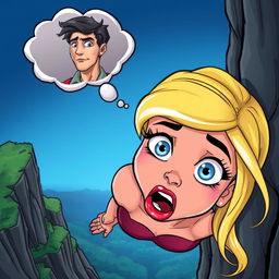 A beautiful blonde cartoon woman with vibrant blue eyes and luscious red lips is depicted falling off a cliff, her face expressing a mix of fear and surprise