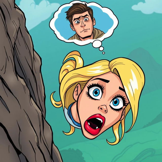 A beautiful blonde cartoon woman with vibrant blue eyes and luscious red lips is depicted falling off a cliff, her face expressing a mix of fear and surprise