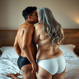 An Indian young man in black underwear passionately kissing a mature 60-year-old Indian woman from behind, who is large-sized with a voluptuous figure featuring large breasts and wide hips