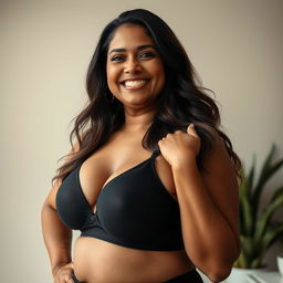 An Indian BBW mature woman exuding confidence, wearing a stylish black bra that complements her beautiful curves