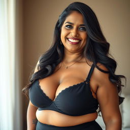 An Indian BBW mature woman exuding confidence, wearing a stylish black bra that complements her beautiful curves