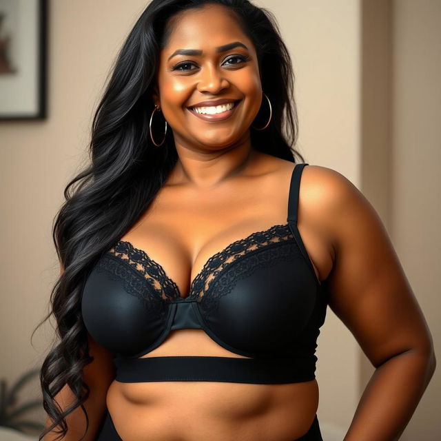 An Indian BBW mature woman exuding confidence, wearing a stylish black bra that complements her beautiful curves