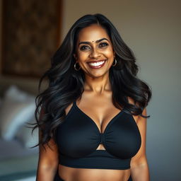 An Indian BBW mature woman exuding confidence, wearing a stylish black bra that complements her beautiful curves