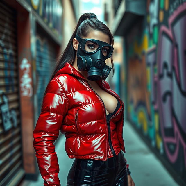 A hot slim woman with prominently large breasts, dressed in a shiny red tight puffer jacket that accentuates her curves, paired with sleek black latex leggings that follow her form perfectly