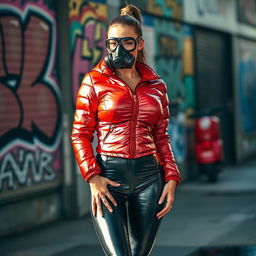A hot slim woman with prominently large breasts, dressed in a shiny red tight puffer jacket that accentuates her curves, paired with sleek black latex leggings that follow her form perfectly
