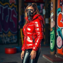 A hot slim woman with prominently large breasts, dressed in a shiny red tight puffer jacket that accentuates her curves, paired with sleek black latex leggings that follow her form perfectly