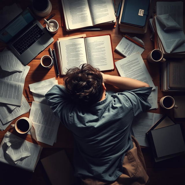 An aerial view of a student, exhausted and asleep, sprawled over a cluttered desk