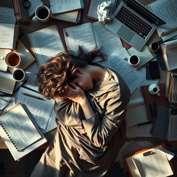 An aerial view of a student, exhausted and asleep, sprawled over a cluttered desk