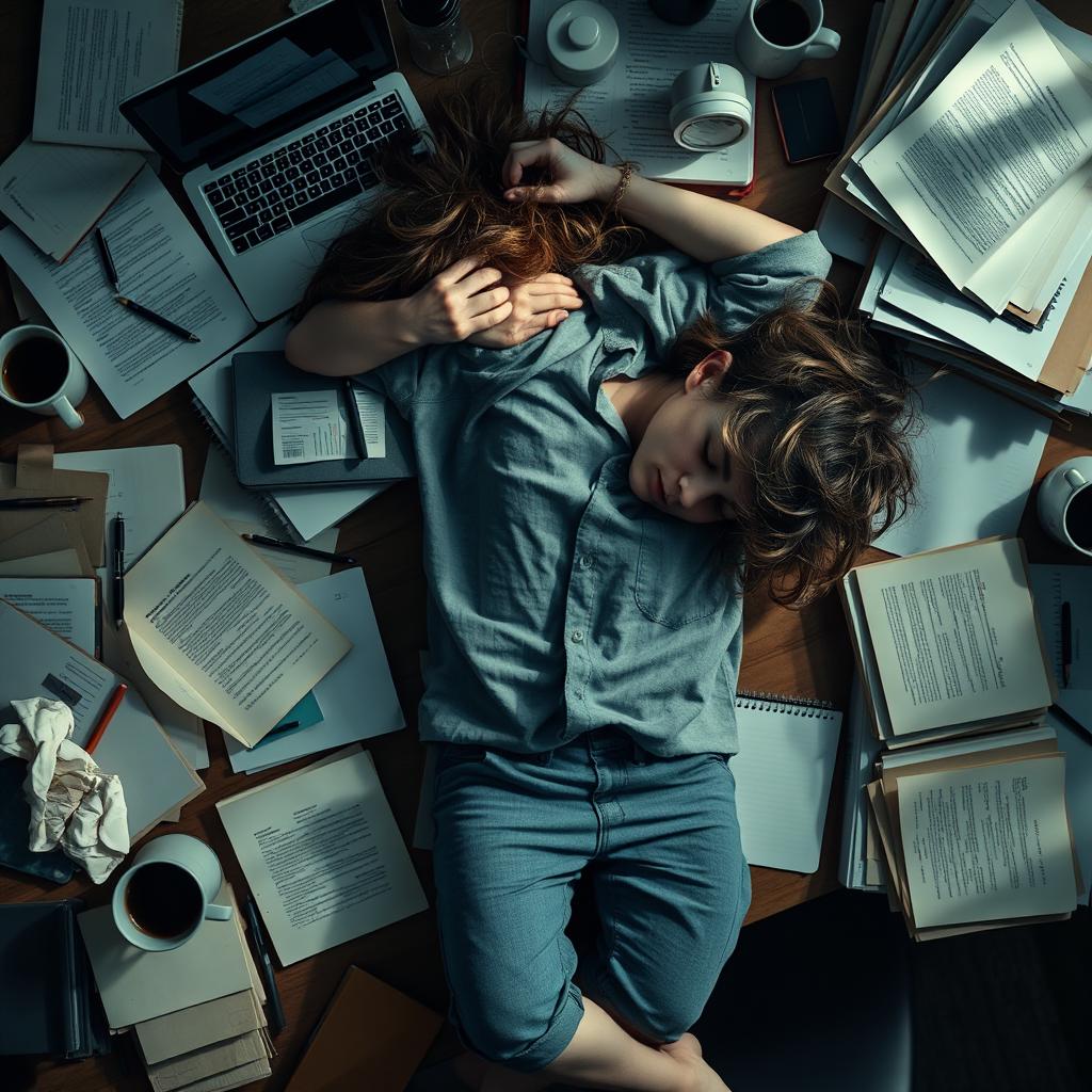 An aerial view of a student, exhausted and asleep, sprawled over a cluttered desk