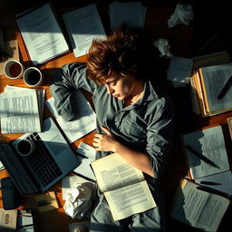 An aerial view of a student, exhausted and asleep, sprawled over a cluttered desk