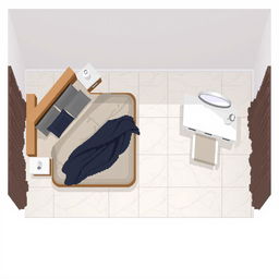 A top-down pixel art view of a rectangular room with no walls or curtains, featuring all furniture aligned parallel to the walls