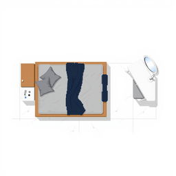 A top-down pixel art view of a rectangular room with no walls or curtains, featuring all furniture aligned parallel to the walls