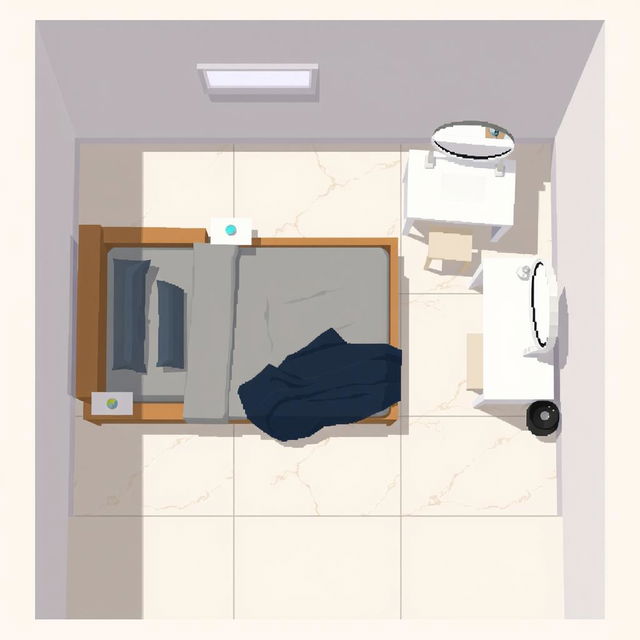 A top-down pixel art view of a rectangular room with no walls or curtains, featuring all furniture aligned parallel to the walls