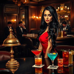 An elegant, dark-themed jazz lounge featuring a beautiful woman in a stylish red dress