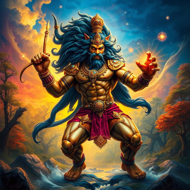 A powerful depiction of Narsingh Avatar, showcasing the fierce half-man, half-lion figure with a muscular body, intricate traditional armor, and a long flowing mane