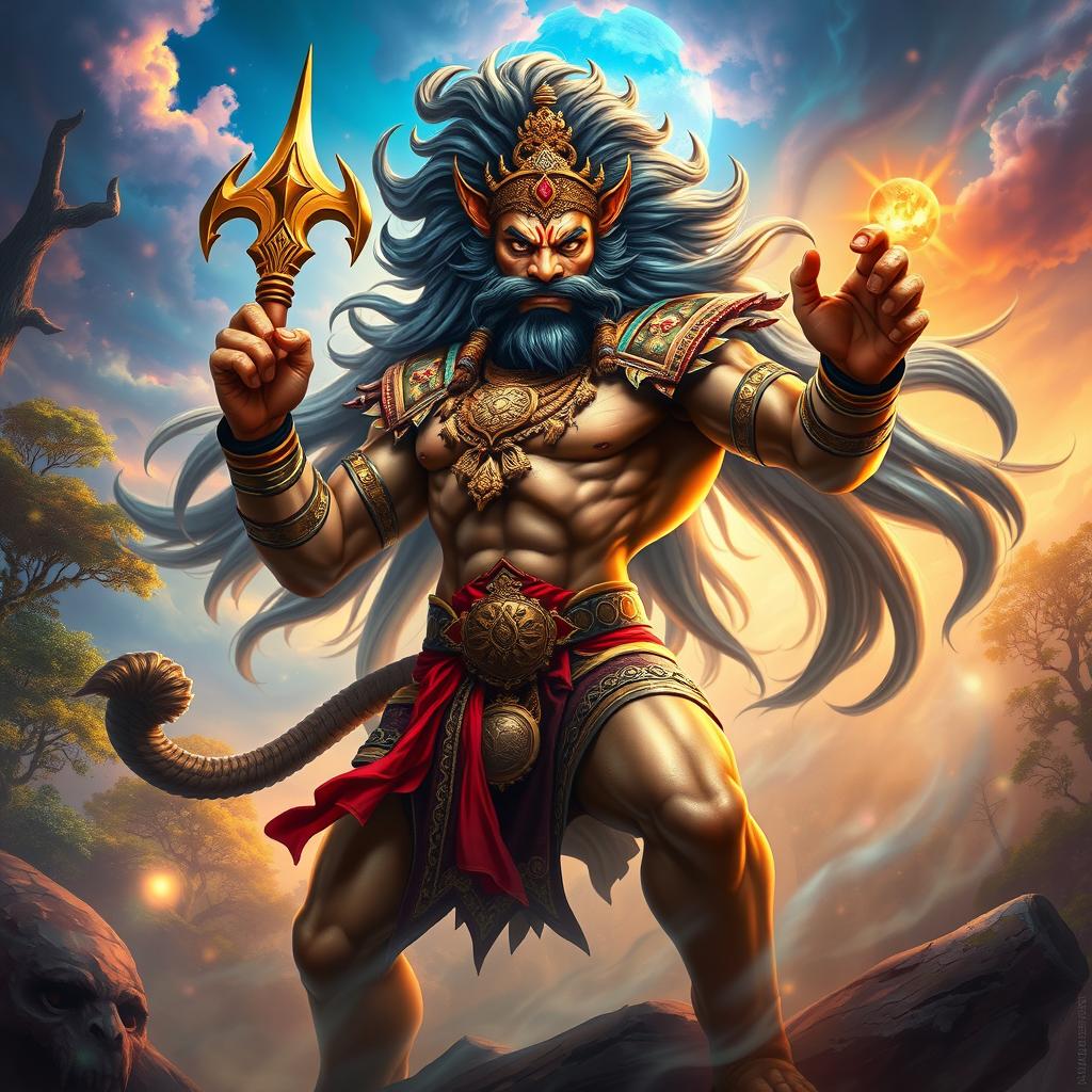 A powerful depiction of Narsingh Avatar, showcasing the fierce half-man, half-lion figure with a muscular body, intricate traditional armor, and a long flowing mane