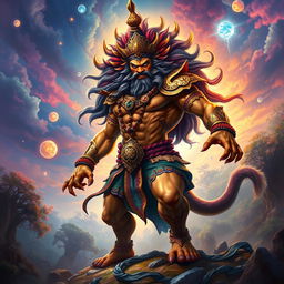 A powerful depiction of Narsingh Avatar, showcasing the fierce half-man, half-lion figure with a muscular body, intricate traditional armor, and a long flowing mane