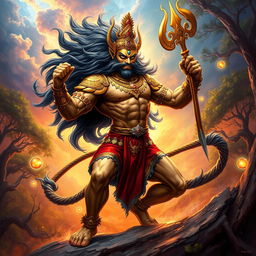 A powerful depiction of Narsingh Avatar, showcasing the fierce half-man, half-lion figure with a muscular body, intricate traditional armor, and a long flowing mane