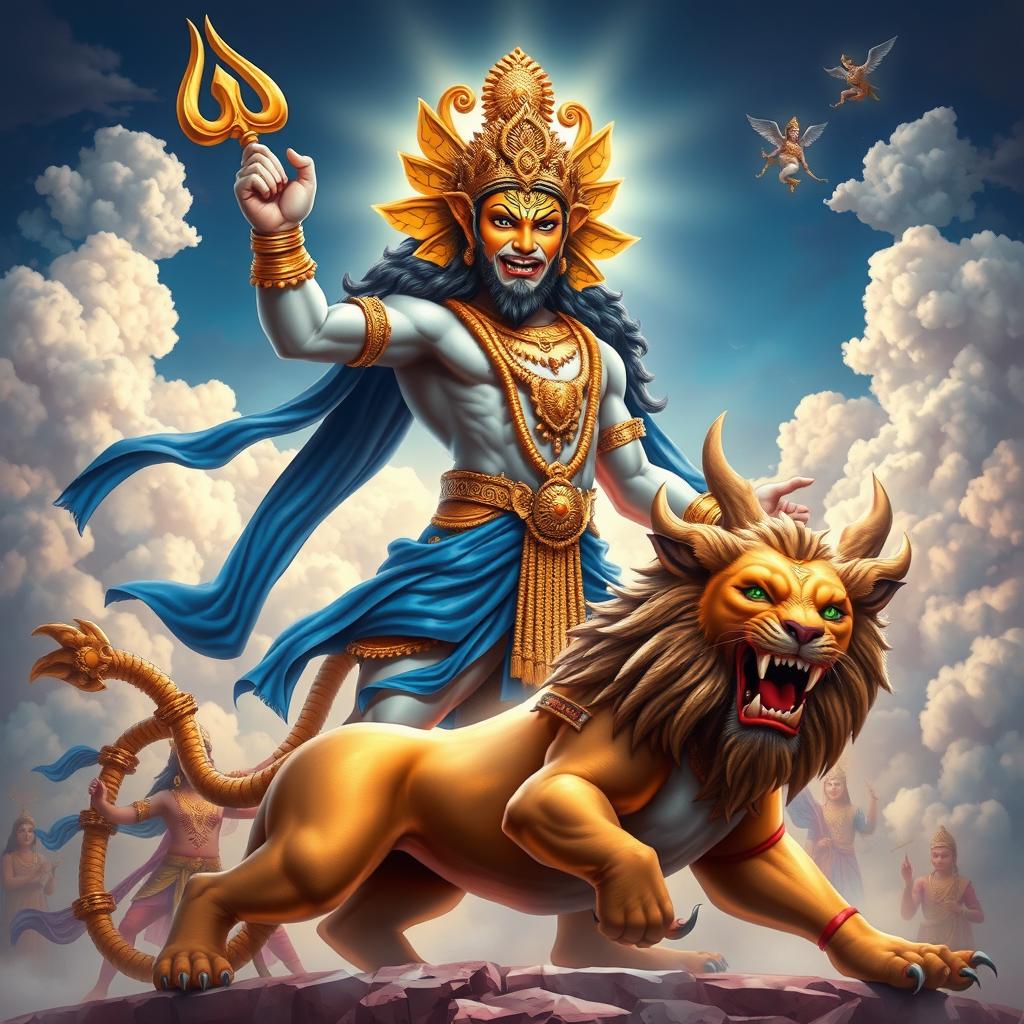 A divine depiction of Lord Vishnu in his Narasimha avatar, showcasing his fierce half-man, half-lion form