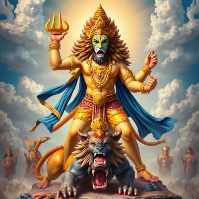 A divine depiction of Lord Vishnu in his Narasimha avatar, showcasing his fierce half-man, half-lion form