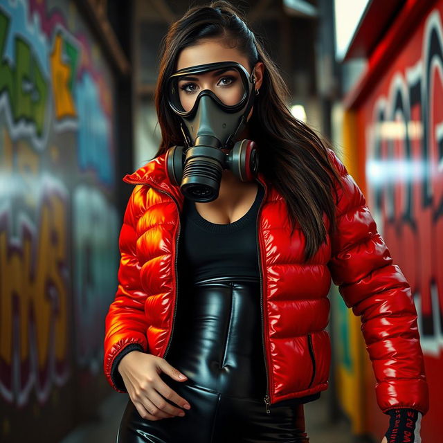 A hot slim woman with large breasts, clad in a shiny red tight puffer jacket that accentuates her curves, paired with sleek black latex leggings that highlight her figure