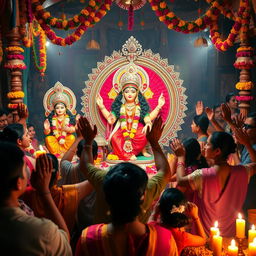 A vibrant and captivating scene depicting a diverse group of people worshipping Goddess Durga
