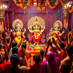 A vibrant and captivating scene depicting a diverse group of people worshipping Goddess Durga