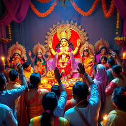 A vibrant and captivating scene depicting a diverse group of people worshipping Goddess Durga