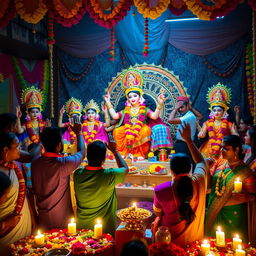 A vibrant and captivating scene depicting a diverse group of people worshipping Goddess Durga
