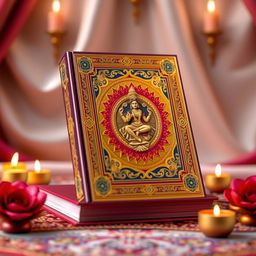 A stunning 3D rendering of the Devi Mahatmya book, presenting it as an ornate hardbound volume