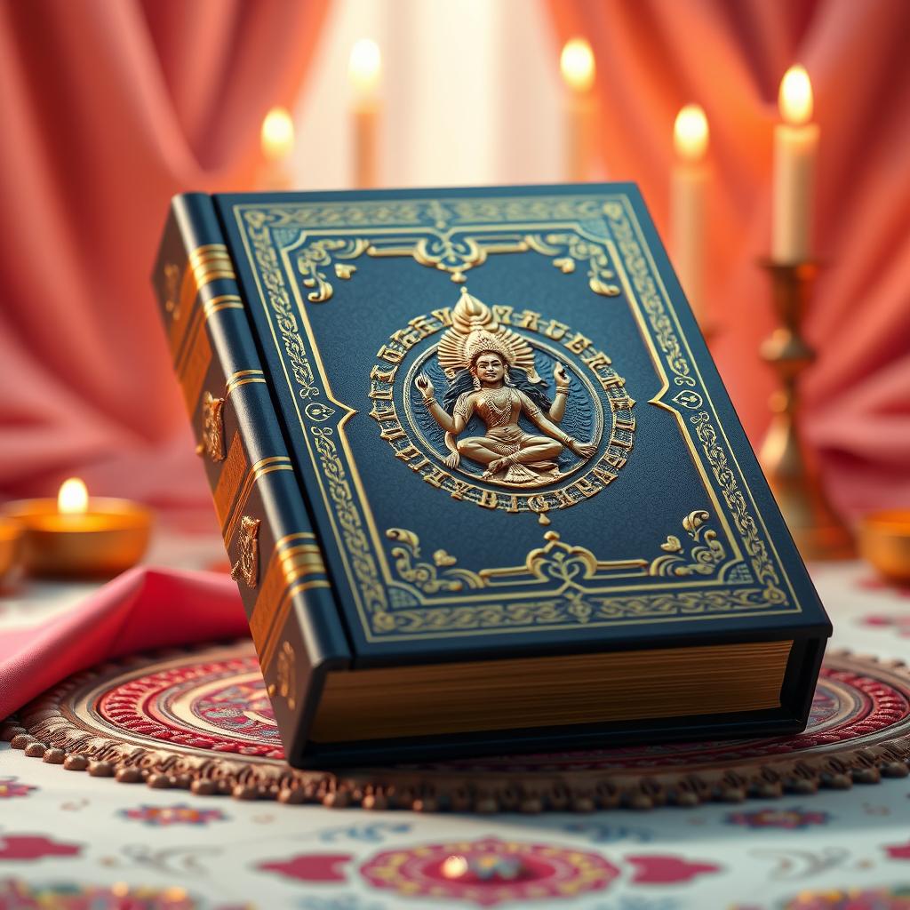 A stunning 3D rendering of the Devi Mahatmya book, presenting it as an ornate hardbound volume