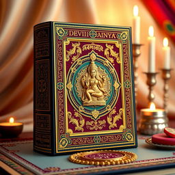 A stunning 3D rendering of the Devi Mahatmya book, presenting it as an ornate hardbound volume