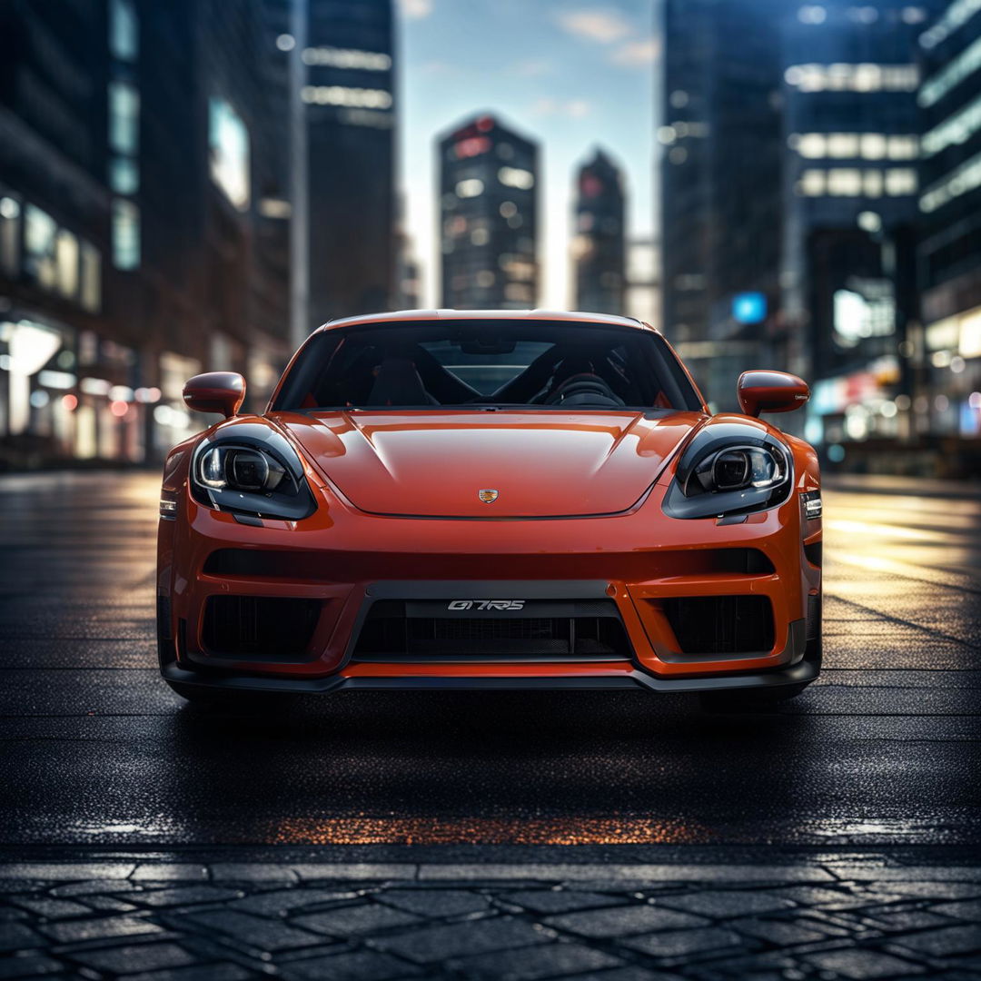 A high-quality digital rendering of a Porsche 718 GT4 RS in a cityscape