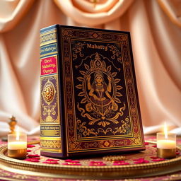 A stunning 3D rendering of the Devi Mahatmya book, presenting it as an ornate hardbound volume