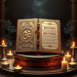 A captivating 3D visualization of the Rigveda book, presented as an elegant, ancient manuscript