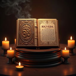 A captivating 3D visualization of the Rigveda book, presented as an elegant, ancient manuscript