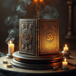 A captivating 3D visualization of the Rigveda book, presented as an elegant, ancient manuscript
