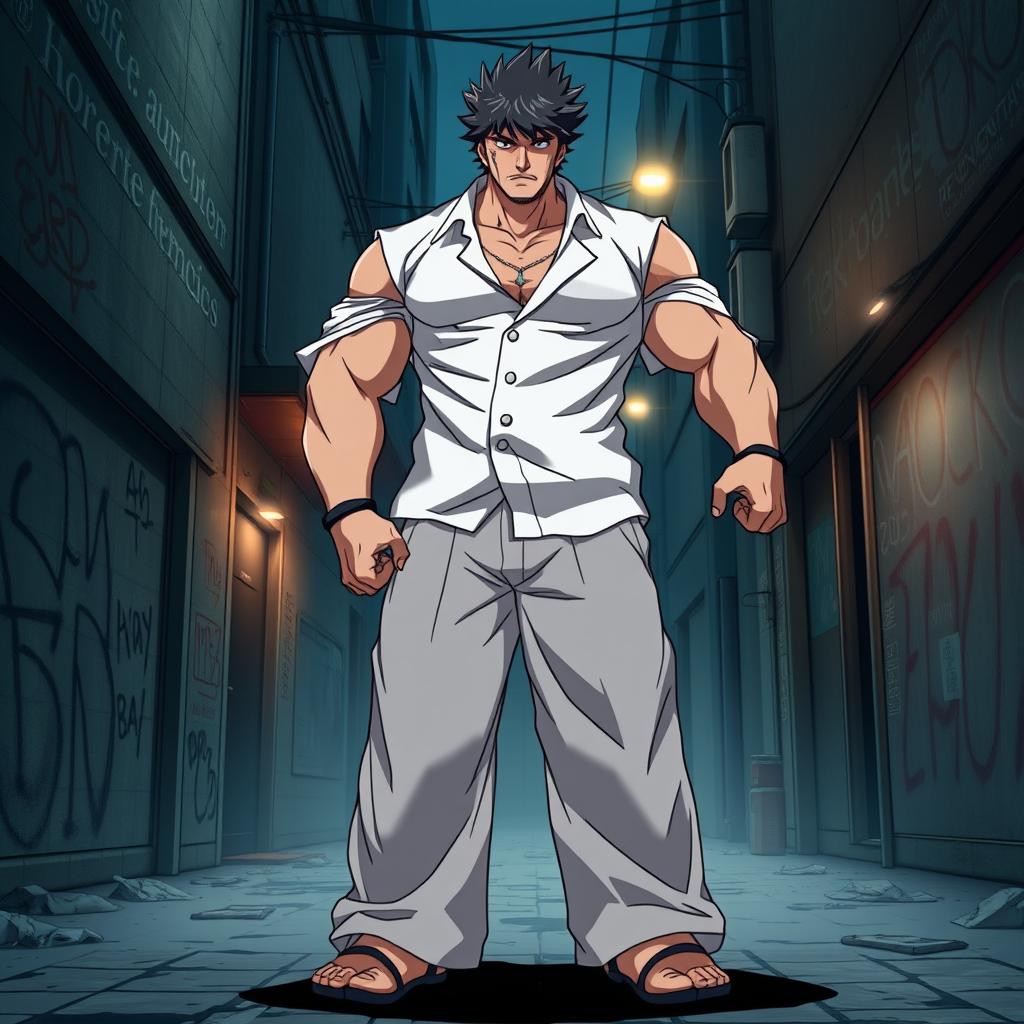 A tall and muscular delinquent character named Kiyomasa from the anime Tokyo Revengers, dressed in a loose-fitting white shirt and wide trousers typical of Japanese fashion, exuding a confident and rebellious aura