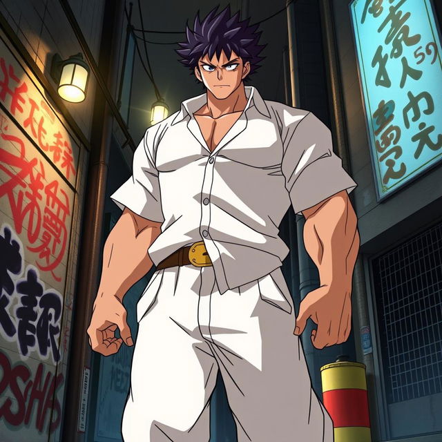 A tall and muscular delinquent character named Kiyomasa from the anime Tokyo Revengers, dressed in a loose-fitting white shirt and wide trousers typical of Japanese fashion, exuding a confident and rebellious aura