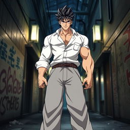 A tall and muscular delinquent character named Kiyomasa from the anime Tokyo Revengers, dressed in a loose-fitting white shirt and wide trousers typical of Japanese fashion, exuding a confident and rebellious aura